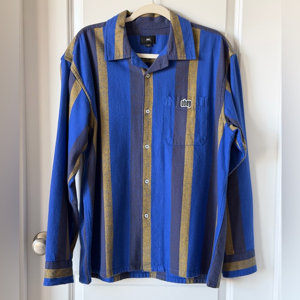 Obey Royal Cotton Flannel Striped Blue and Mustard Button-Up Shirt - M